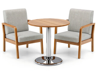 Two armchairs with gray cushions facing a round wooden table with a silver pedestal on white background