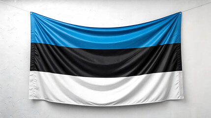 The estonian flag hangs against a white wall, representing the nations identity