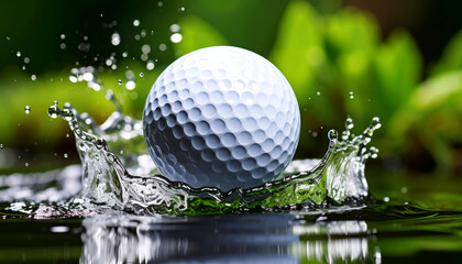 Golf ball water splash with green background.