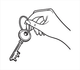 Hand holding a classic key design in minimalist black and white line art illustration for security and access concepts representing unlocking opportunities