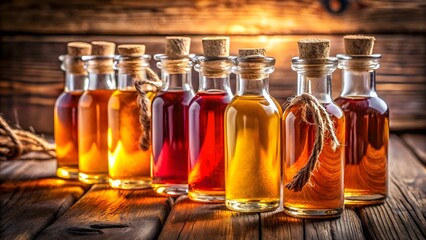 Assortment of artisanal infused oils and vinegars in glass bottles