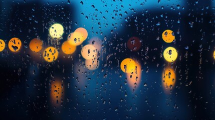 raindrops on a window, night city lights, blurry lights, a blue color scheme, depth of field, phone wallpaper in the style of night city lights, blurry lights, a blue color scheme, depth of field