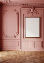 Elegant Pink Interior with Ornate Wall Paneling and Blank Framed Picture Classic Architectural Details Luxurious Vintage Aesthetic