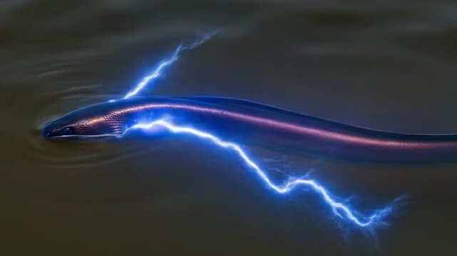 Electric Eel Generating Blue Electricity in Water - A sleek electric eel swims in dark water, its body emitting a vibrant blue electrical aura.