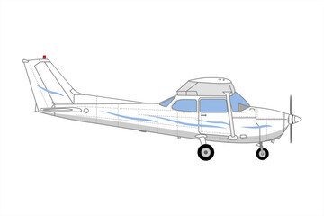 Propeller light aircraft. Single engine propelled aircraft. Airplane side view sketch. Passenger plane flying in the sky side view. Flat style vector illustration.