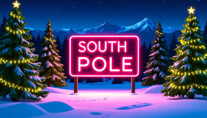 South Pole Neon Sign with Snowy Landscape.