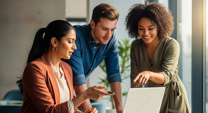 A diverse group of smiling colleagues collaborates on a project, happily discussing ideas around a laptop in a modern office.