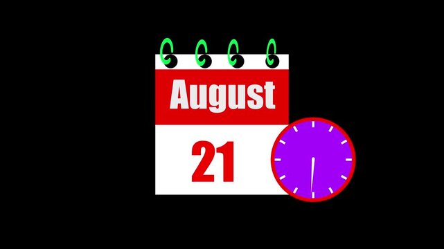 21 August month calendar with time symbol. Simple calendar icon animation and date change of time month.Analog calendar design month concept animation 4k video.