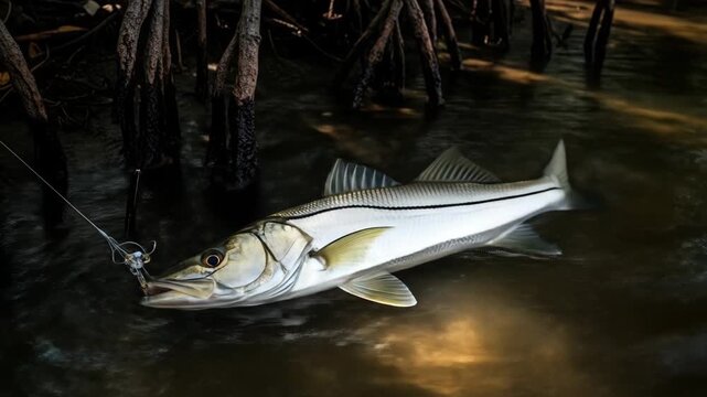 Snook in Mangrove Estuary - A sleek snook, partially submerged in murky water, lies near the mangrove shoreline.