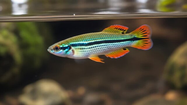 Vibrant Killifish in Aquarium - A jewel-toned killifish swims gracefully in a clear aquarium, its brilliant colors contrasting against the blurred background.
