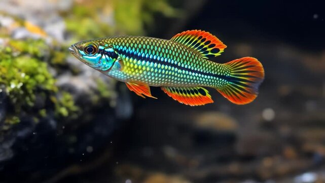 Vibrant Jewel-toned Killifish in Aquarium - A close-up shot of a brilliantly colored killifish swimming in a clear aquarium.
