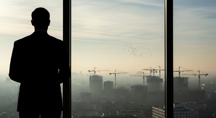 Fototapeta premium Businessman Silhouette Looking at City Skyline with Construction Cranes Business Success Future Growth Urban Development View