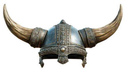 Ornate Viking Helmet with Large Curved Horns and Metal Detailing