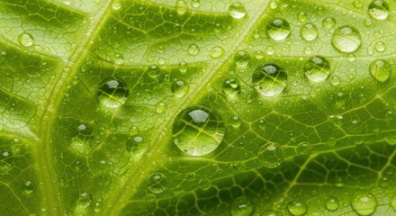 Green Leaf with Shiny Water Droplets Macro Close-up