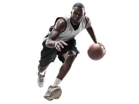 PNG of A skilled Black male athlete dribbles a basketball with intensity, showcasing athleticism and focus in a dynamic pose.
