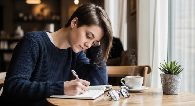 Young woman writing in a notebook at a cafe with a cup of coffee and glasses on the table - Powered by Adobe