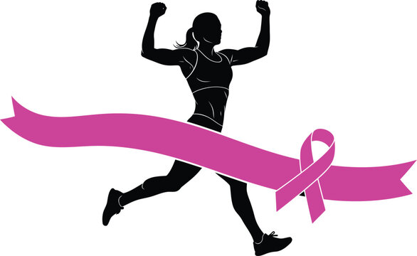 Breast cancer awareness month vector art of silhouette of a woman running with a pink ribbon at the finish line isolated on white background vector eps