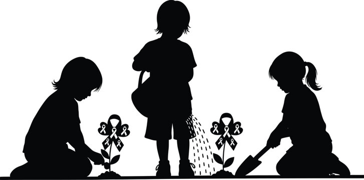 Breast cancer awareness month vector art of silhouette of children gardening and planting flowers, isolated on white background, enjoying outdoor activities in nature vector eps