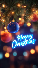 christmas greeting card with christmas tree ball and lights 2026 in neon lights, garland lights on festive background


