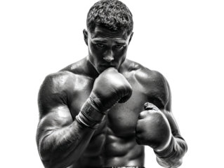 PNG of A determined male boxer posing with fists raised, showcasing his muscular build in a dramatic black and white portrait.