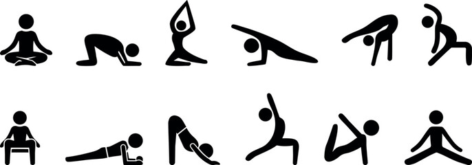 Yoga Poses with Stick Figures Demonstrating Different Asanas for Fitness and Wellness