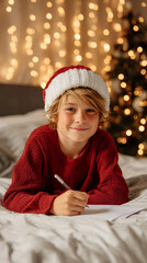 Christmas miracle wish list. Smiling boy in Santa Claus hat writing letter dreams for gifts to Santa Claus. Child lying on bed at home with Christmas lights

