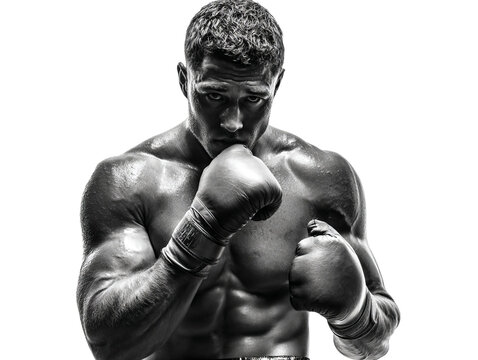 PNG of A determined male boxer posing with fists raised, showcasing his muscular build in a dramatic black and white portrait.