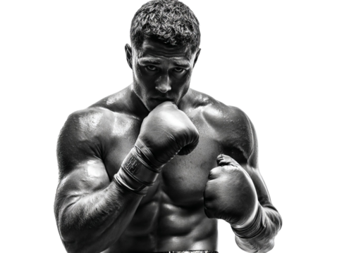 PNG of A determined male boxer posing with fists raised, showcasing his muscular build in a dramatic black and white portrait.