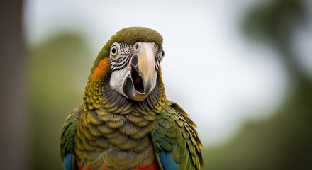 Fototapeta premium Expressive Green Macaw Parrot with Open Beak and Wide Eyes