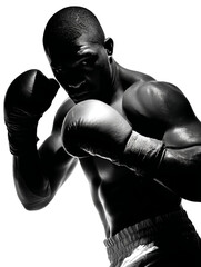 PNG of A powerful athletic Black male boxer in a dynamic fighting stance, preparing for action with confidence and strength.