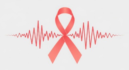 Red awareness ribbon with heartbeat waveform, isolated on white background