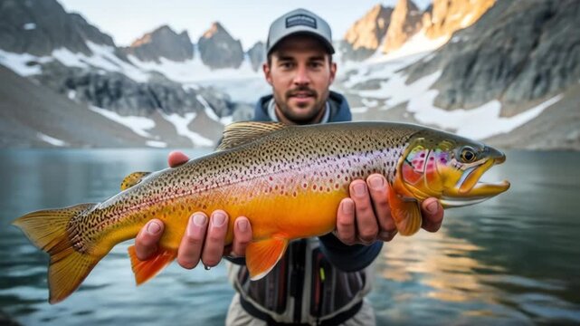 Golden Trout Angler in Alpine Lake - A male angler displays a large, vibrant golden trout against the backdrop of a stunning alpine lake and snow-capped mountains.