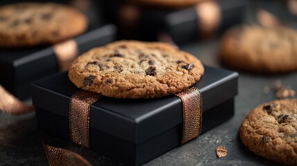 Fototapeta premium Chocolate chip cookies on black gift boxes with copper ribbon