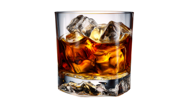 Amber Liquor With Ice Cubes In A Glass On Transparent Background