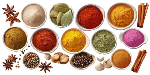Assorted spices in white bowls