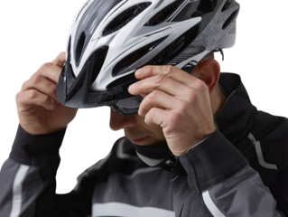 PNG of A focused male cyclist adjusts his helmet before a ride, showcasing determination and safety in a sleek, modern outfit.