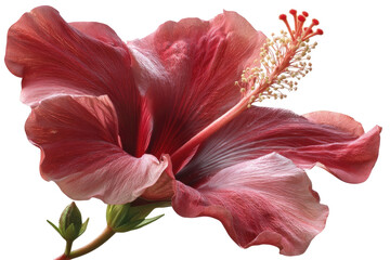 Close-up of a vibrant, reddish-pink hibiscus flower, petals soft and ruffled