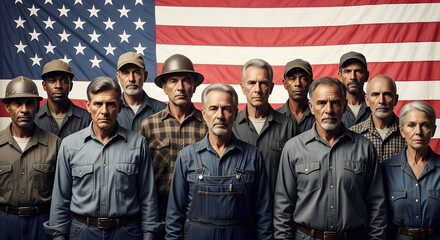 Diverse group of workers standing in front of American flag people women