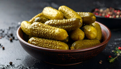 Pickled cucumbers in bowl with dark background.
