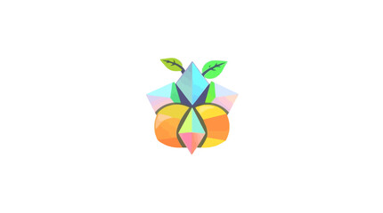 Abstract geometric design depicting a stylized fruit, possibly a peach or similar, with leaves sprouting from its top.  The vibrant colors and facets create ...