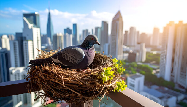 Pigeon Nest with City Skyline, and Sunrise.
