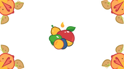 Cartoon illustration of assorted fruits including apple, pear, plum, and lime, with a drop of juice, surrounded by floral designs.