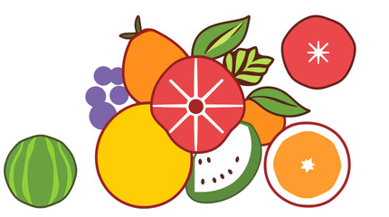 Colorful assortment of various fruits, including oranges, grapefruits, pomelos, watermelon, and berries, displayed in a vibrant arrangement.