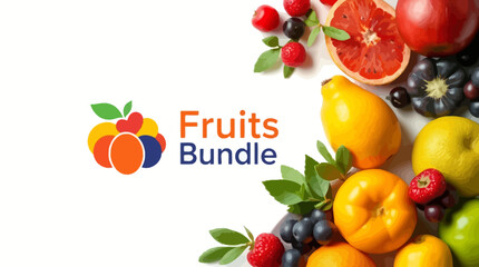 Colorful assortment of fresh fruits arranged artistically on a white background, showcasing a fruits bundle logo.