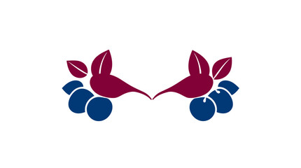 Stylized blueberry design, symmetrical, maroon leaves, blue berries, decorative element.