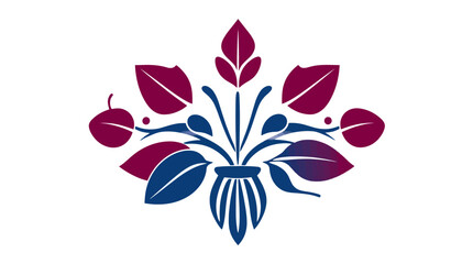 Elegant stylized floral design in deep blue and burgundy, featuring leaves, berries, and a central vase-like element.