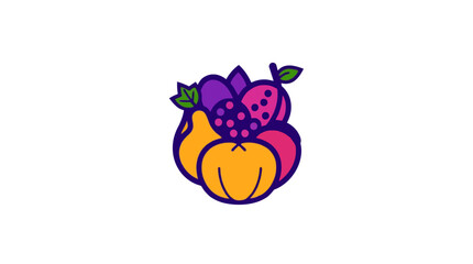 Stylized illustration of a fruit arrangement featuring a pear, orange, grapes, plum, and berries in purple, yellow, and pink.