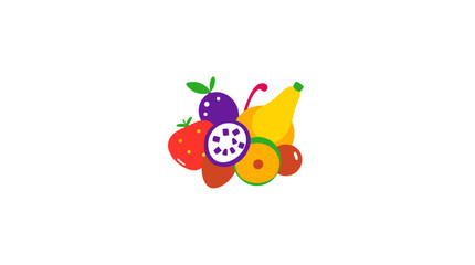 Colorful illustration of various tropical fruits, including passion fruit, strawberries, and a banana.