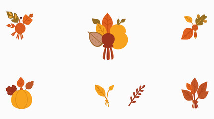 Collection of autumn-themed vector illustrations featuring leaves, pumpkins, pears, and berries in warm, earthy tones.