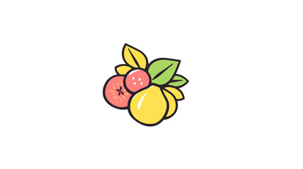 A vibrant illustration of a cluster of fruits, including a red berry and a yellow citrus fruit, adorned with green leaves.